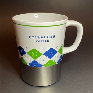 STARBUCKS Vintage Green & Blue Preppy Argyle Pattern Stainless Steel Base Mug